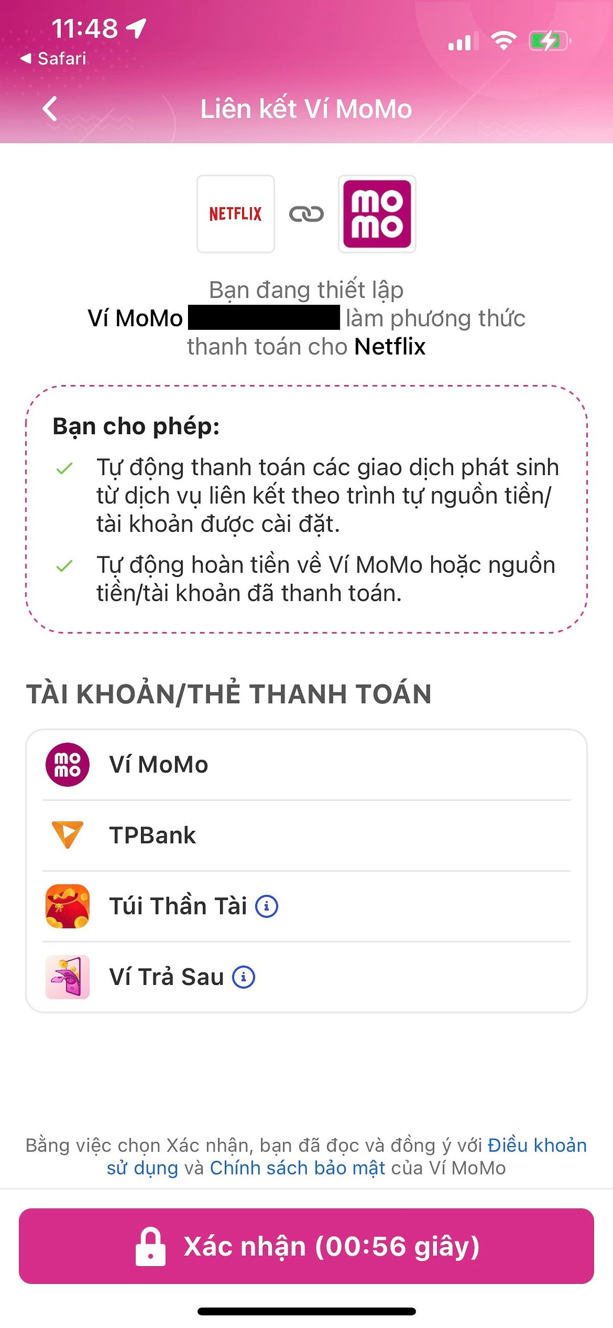 Bước 6: Tại ứng dụng MoMo, chọn xác nhận để hoàn thành liên kết và thanh toán. Giao dịch thành công.