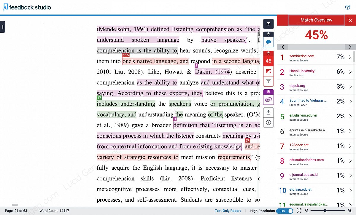 Hiển thị danh sách nguồn tài liệu gốc với nhiều màu sắc khi mua tài khoản Turnitin ngay